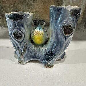 Vintage Japan  YELLOW blue BIRD in double tree vase planter.  VERY CHIRPY!